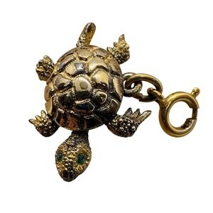 Vintage Monet Gold Tone Articulated Turtle Charm Green Eyes Moving Head
